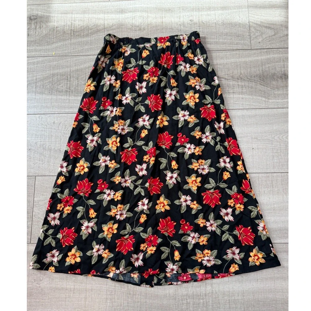 Sag Harbor Vintage Floral Button Front Midi Skirt Black Red‎ Rayon Womens Medium